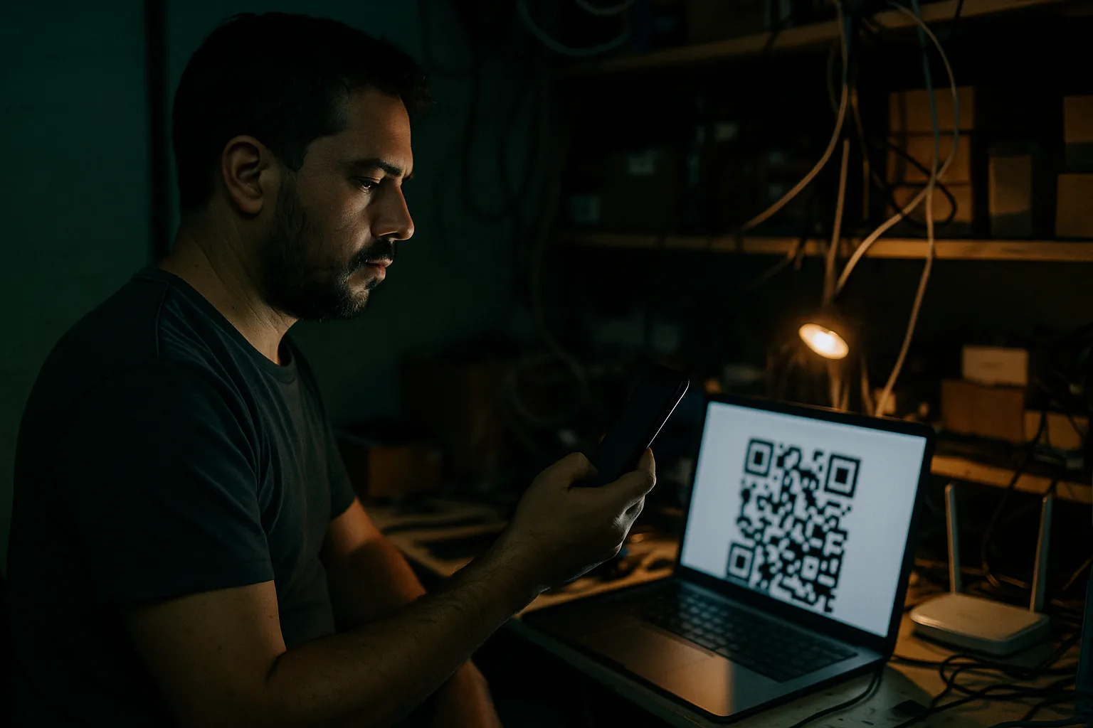 Dueño de una tienda de celulares sostiene su teléfono frente a una laptop que muestra un código QR desenfocado, en la trastienda de noche.