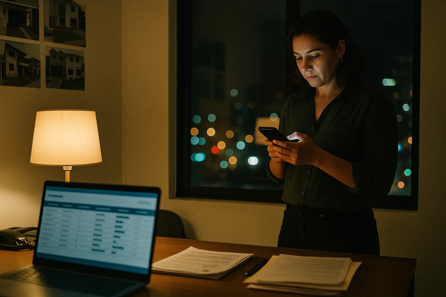 Asesora inmobiliaria mira su celular de noche junto a la ventana de la oficina, con mensajes de WhatsApp que llegaron después del horario y siguen sin respuesta.