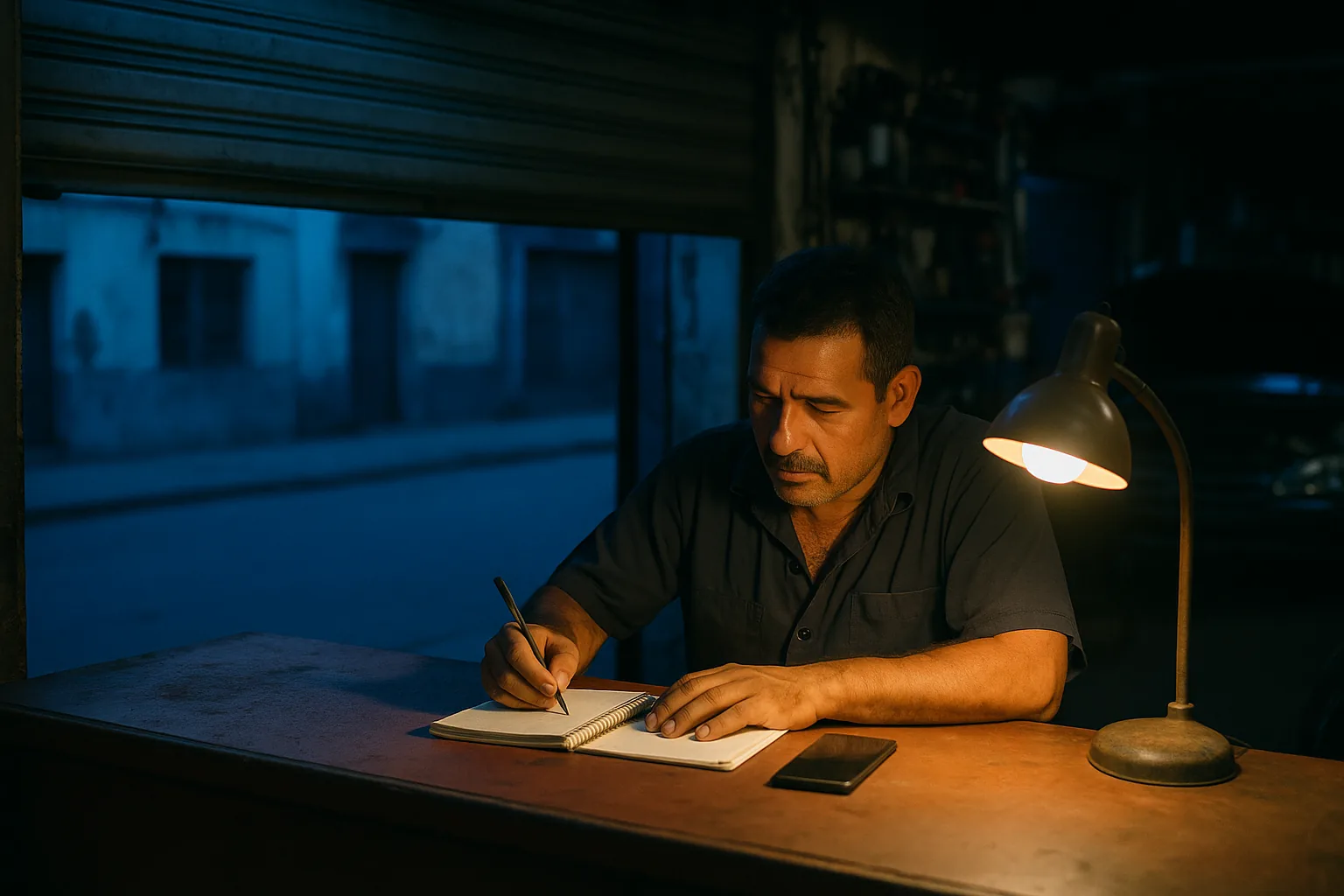 Dueño de un taller mecánico, de noche y con la cortina a medio bajar, anota en una libreta junto a su celular lleno de mensajes sin responder.